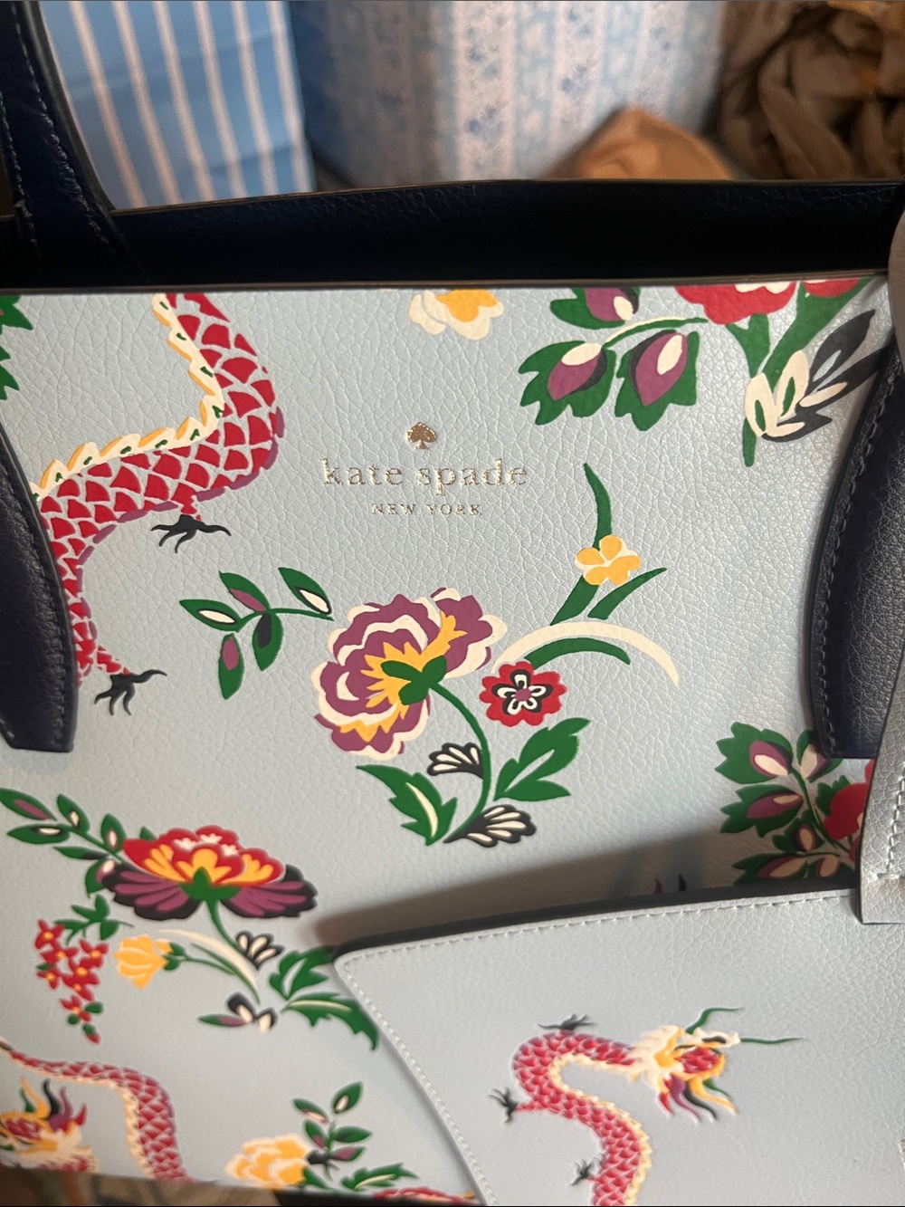 kate spade Light Blue Dragon & Floral Tote with Navy Straps-Reversible! - Picture 4 of 10